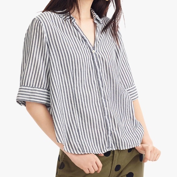 J. Crew Tops - J.Crew Blue White Vertical Stripe Cotton Button Down Shirt XS Nautical Preppy